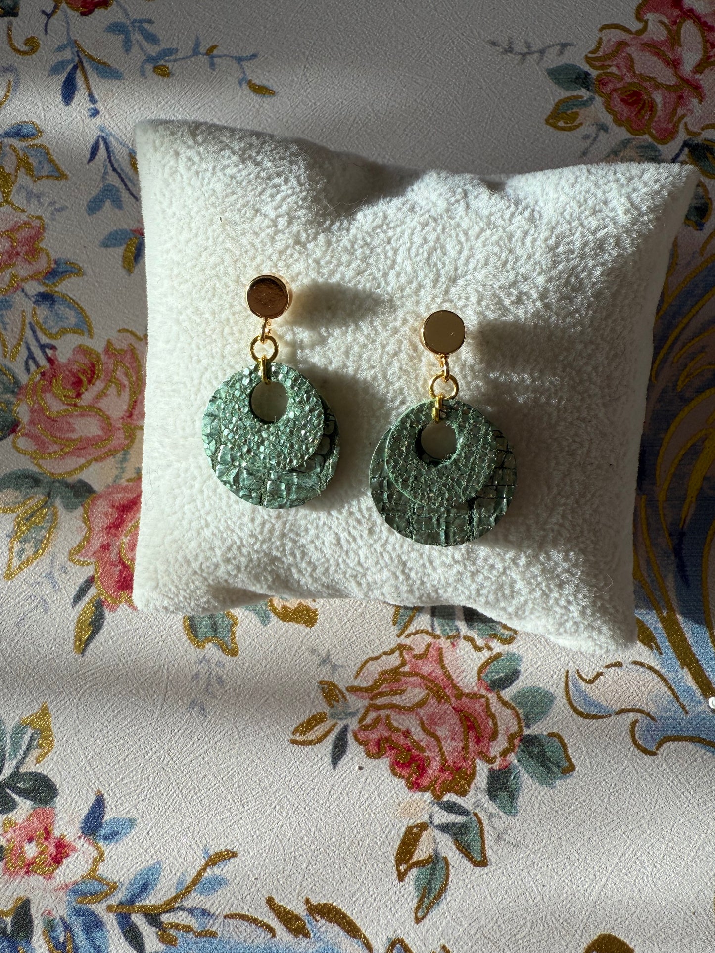 Large Green Round Leather Earrings