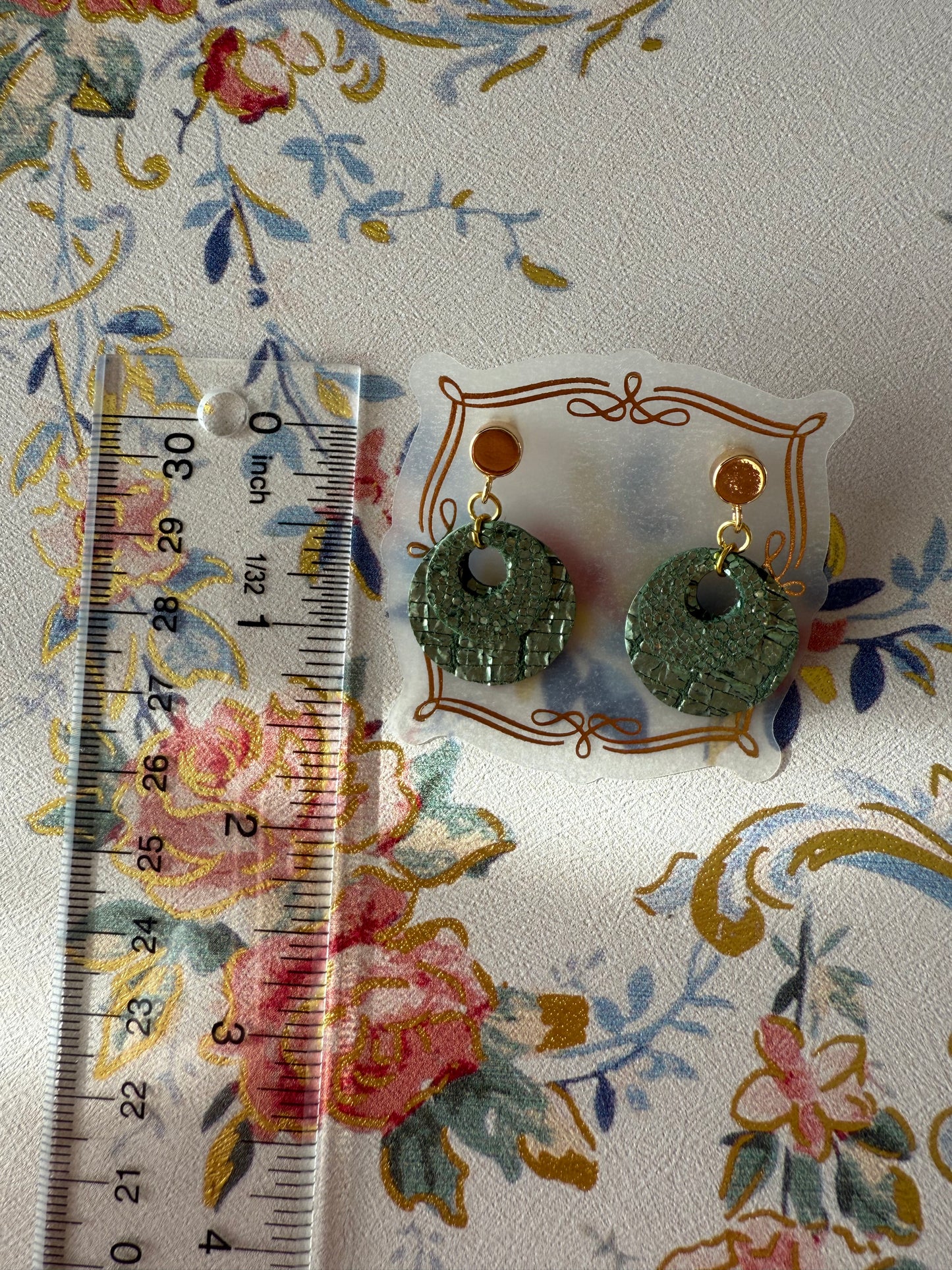 Large Green Round Leather Earrings
