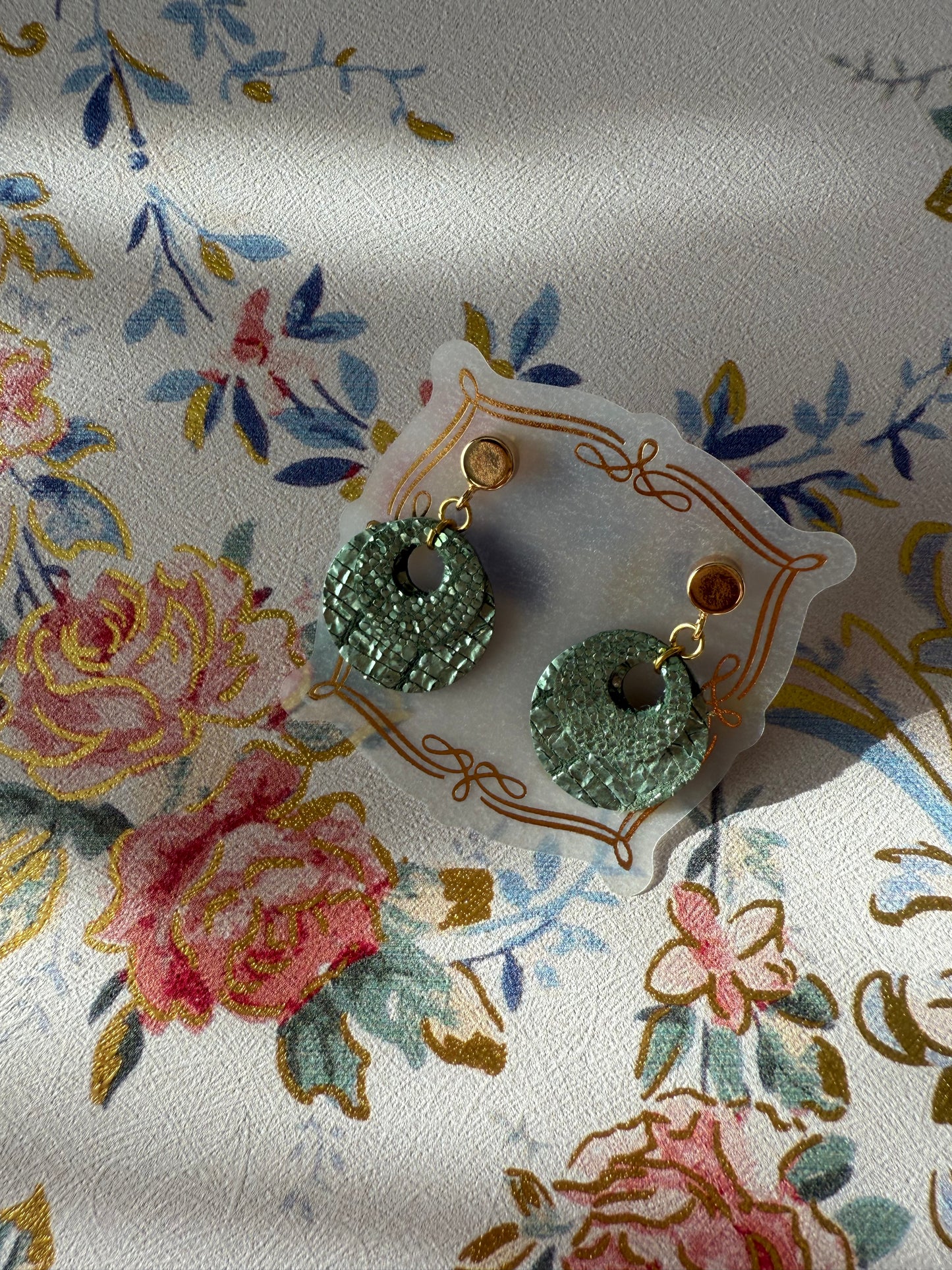 Large Green Round Leather Earrings