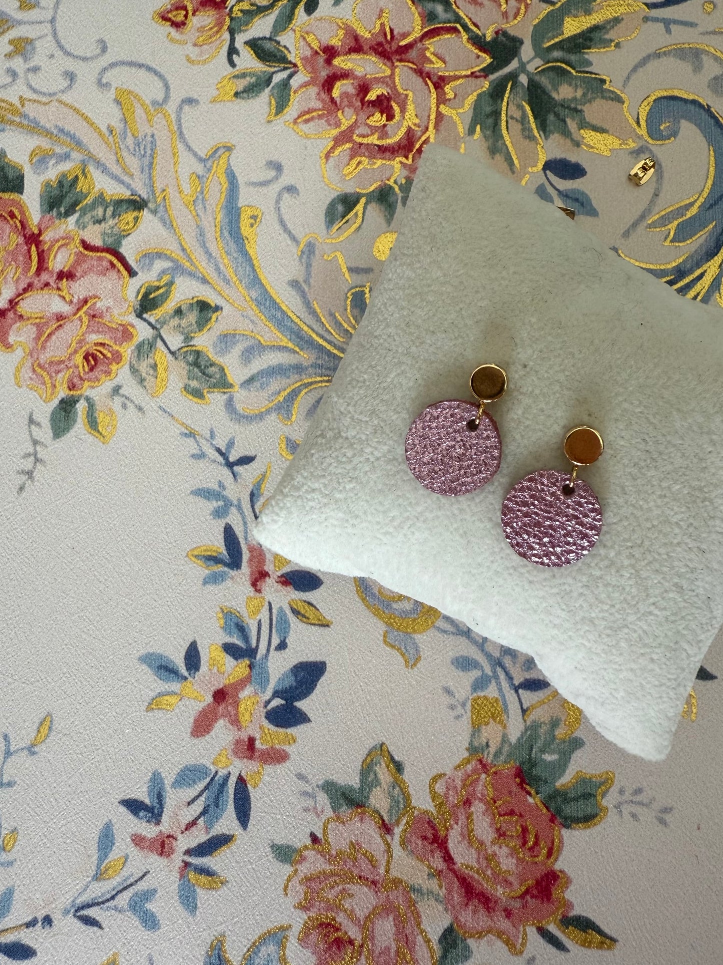 Pink medium sized leather earrings gold plated studs