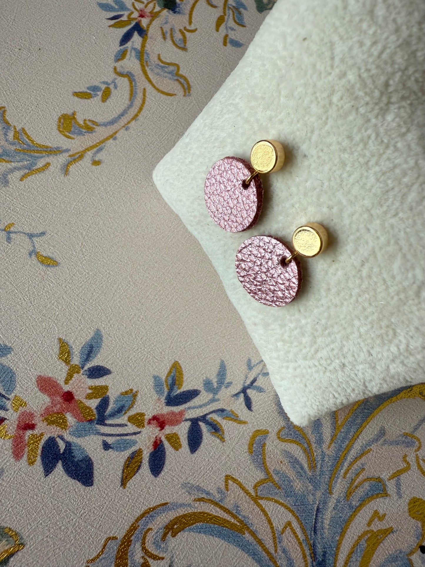 Pink medium sized leather earrings gold plated studs