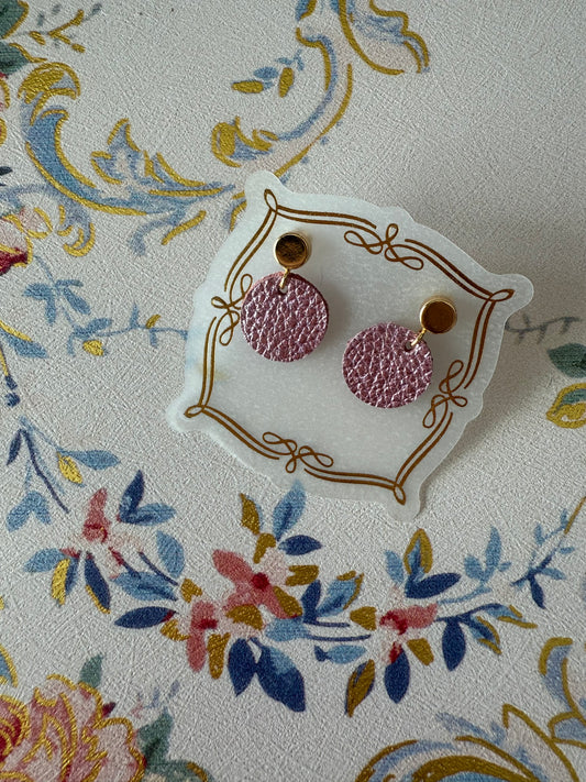 Pink medium sized leather earrings gold plated studs