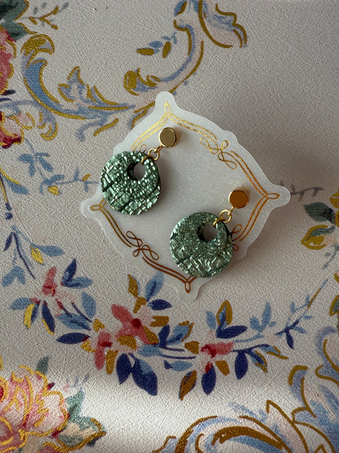 Large Green Round Leather Earrings