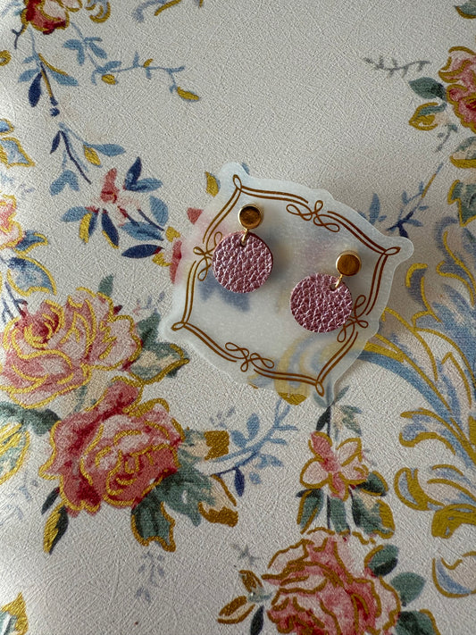 Pink medium sized leather earrings gold plated studs