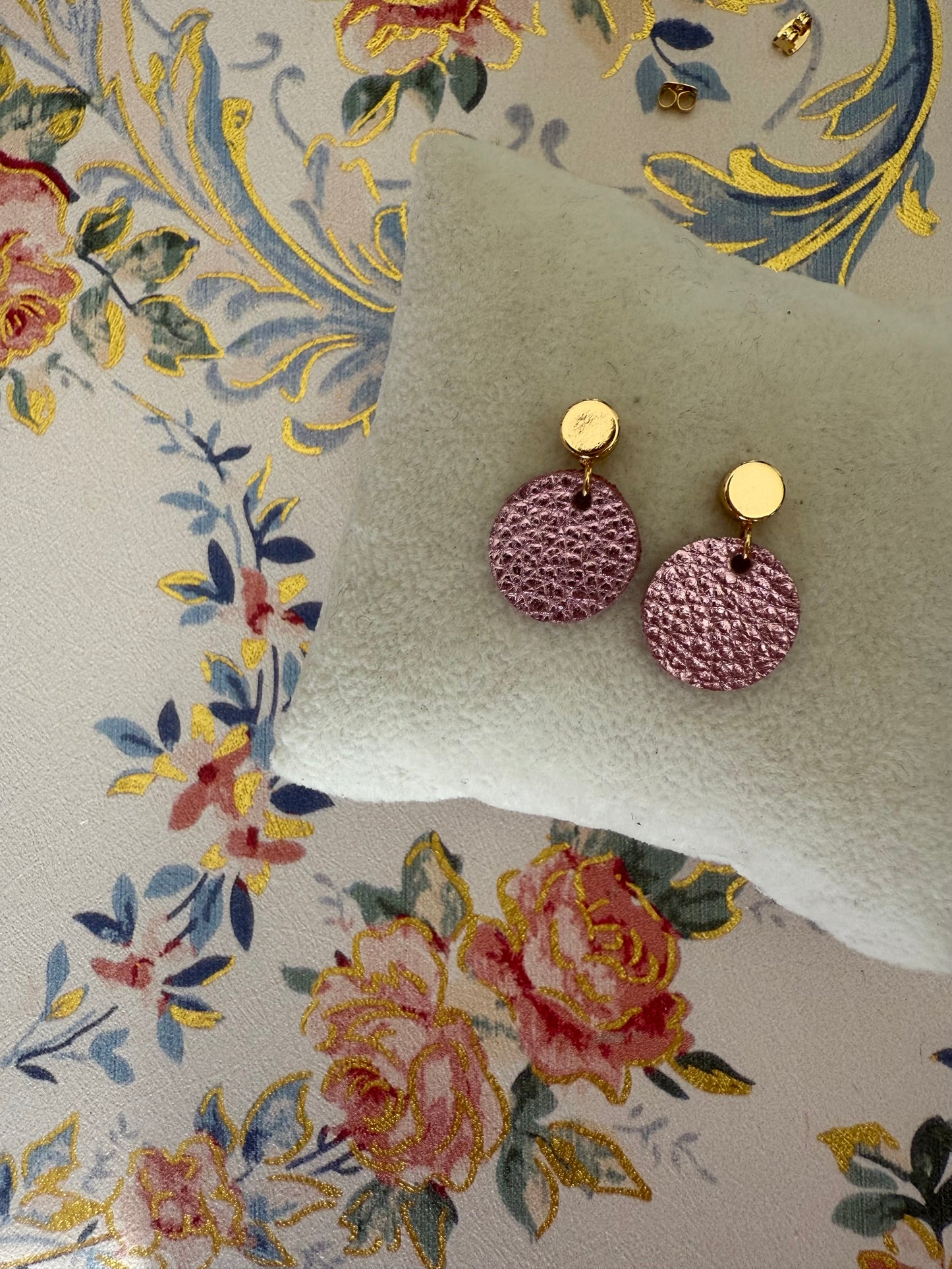Pink medium sized leather earrings gold plated studs